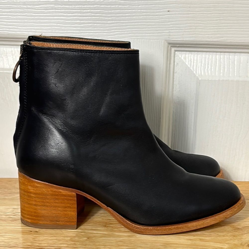 Beek Pheasant Black Leather Ankle Boots block heel size 6.5 Handmade back zip